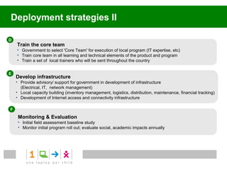 Deployment strategies

A
    Government ownership
    • Exploratory mission to gauge interest of host government and key stakeholders
    • Based on the above, work with government and key stakeholders to develop a deployment strategy
      along the following lines


B
    Develop Community Awareness
    • Educate population on program benefits and XO functionality
    • Develop social inclusion campaigns to achieve local support
    • Launch training programs to promote XO usage, including teachers


C
    Customize XO platform to address local needs
    • Meet with officials from the minister of education to align on curriculum requirements
    • Develop customized applications
    • Digitize textbooks, perform translations
 