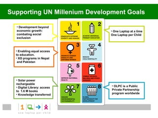 IMPACT & RESULTS

           Human Dignity
           Human Dignity


         Poverty Eradication
         Poverty Eradication
                                 Entrepreneurship
       Individual Empowerment
        Individual Empowerment


          Social Inclusion
          Social Inclusion
                                 Digital Inclusion
              Education

OLPC
 