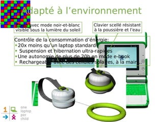Adapté à l’environnement Écran avec mode noir-et-blanc visible sous la lumière du soleil Clavier scellé résistant à la poussière et l’eau Contrôle de la consommation d’énergie: 20x moins qu’un laptop standard Suspension et hibernation ultra-rapides Une autonomie de plus de 20h en mode e-book Rechargeable avec des cellules solaires, à la main...  