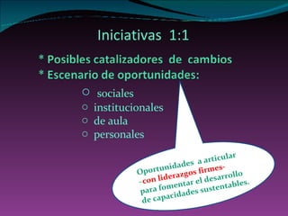 sociales  institucionales de aula personales Iniciativas  1:1 Oportunidades  a articular  – con liderazgos firmes- para fomentar el desarrollo de capacidades sustentables. 