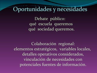 D ebate  público:  qué  escuela  queremos  qué  sociedad queremos. Colaboración  regional: elementos estratégicos,  variables locales, detalles operativos considerados, vinculación de necesidades con potenciales fuentes de información. Oportunidades y necesidades 