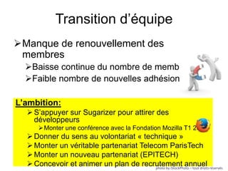 Transition d’équipe 
Manque de renouvellement des 
membres 
Baisse continue du nombre de membres 
Faible nombre de nouvelles adhésions 
L’ambition: 
 S’appuyer sur Sugarizer pour attirer des 
développeurs 
Monter une conférence avec la Fondation Mozilla T1 2015 
Donner du sens au volontariat « technique » 
 Monter un véritable partenariat Telecom ParisTech 
 Monter un nouveau partenariat (EPITECH) 
Concevoir et animer un plan de recrutement annuel 
photo by iStockPhoto – tout droits réservés 
 