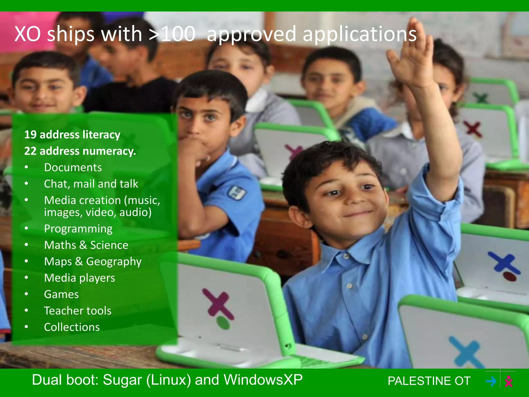 XO ships with >100 approved applications
19 address literacy
22 address numeracy.
• Documents
• Chat, mail and talk
• Media creation (music,
images, video, audio)
• Programming
• Maths & Science
• Maps & Geography
• Media players
• Games
• Teacher tools
• Collections
Dual boot: Sugar (Linux) and WindowsXP PALESTINE OT
 