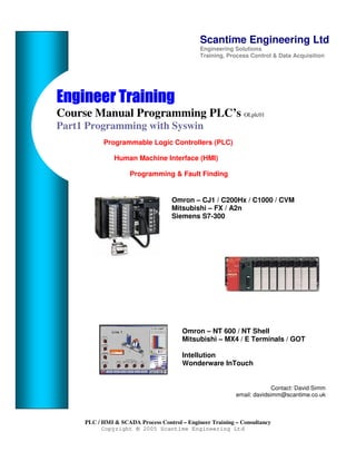Scantime Engineering Ltd
                                              Engineering Solutions
                                              Training, Process Control & Data Acquisition




Course Manual Programming PLC’s OLplc01
Part1 Programming with Syswin
           Programmable Logic Controllers (PLC)

               Human Machine Interface (HMI)

                     Programming & Fault Finding


                                    Omron – CJ1 / C200Hx / C1000 / CVM
                                    Mitsubishi – FX / A2n
                                    Siemens S7-300




                                        Omron – NT 600 / NT Shell
                                        Mitsubishi – MX4 / E Terminals / GOT

                                        Intellution
                                        Wonderware InTouch


                                                                         Contact: David Simm
                                                           email: davidsimm@scantime.co.uk



     PLC / HMI & SCADA Process Control – Engineer Training – Consultancy
           Copyright © 2005 Scantime Engineering Ltd
 
