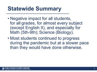 Statewide Summary
• Negative impact for all students,
for all grades, for almost every subject
(except English II), and especially for
Math (5th-9th); Science (Biology).
• Most students continued to progress
during the pandemic but at a slower pace
than they would have done otherwise.
14
 