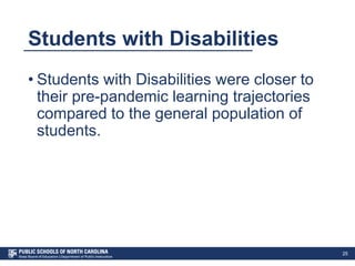 Students with Disabilities
• Students with Disabilities were closer to
their pre-pandemic learning trajectories
compared to the general population of
students.
25
 