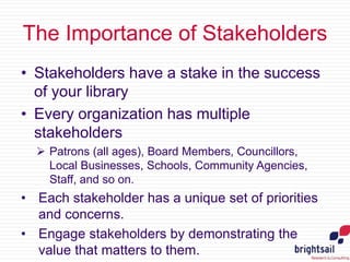 The Importance of Stakeholders
• Stakeholders have a stake in the success
of your library
• Every organization has multipl...