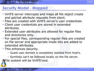 IBM Linux Technology Center


Security Model - Mapped
 VirtFS server intercepts and maps all file object create
    and get/set attribute requests from client.
   Files are created with VirtFS server's user credentials.
   Client user credentials are stored in extended
    attributes.
   Extended user attributes are allowed for regular files
    and directories only.
   For special files, corresponding regular files are created
    on file server and appropriate mode bits are added to
    extended attributes.
   This enhances security.
        Guest user domain is completely isolated from host's.
        Symlinks can't be followed locally on the file server.
 File system will be VirtFS'ized.

                                                                  © 2010 IBM Corporation
 