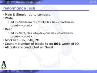 IBM Linux Technology Center


Performance Tests
 Plain & Simple; dd to compare.
 Write
      dd if=/dev/zero of=/mnt/fileX bs=<blocksize>
       count=<count>
 Read
      dd if=/mnt/fileX of=/dev/null bs=<blocksize>
       count=<count>
 blocksize - 8k, 64k, 2M.
 Count = Number of blocks to do 8GB worth of IO
 All tests are conducted on Guest.




                                                      © 2010 IBM Corporation
 