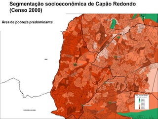 Segmentação Socioeconômica: setores censitários que são usados para ajuste fino de fronteiras entre distritosCENSO DEMOGRÁFICO IBGERealizado pelo IBGE a cada 10 anos divide os municípios em células com uma média aproximada de 300 domicílios. São Paulo possui 13.278 setores (Censo 2000)Cada setor possui informações sobre:Domicilio (78 variáveis) – nº de domicílios, nº de moradores por domicílio, tipo (casa, apartamento, cômodo), condição de ocupação (alugado, próprio,etc), abastecimento de água e esgoto, destino do lixoInstrução (102 variáveis) – pessoas alfabetizadas por idades e sexo Pessoas (342 variáveis) – pessoas residentes por sexo, relação com o responsável pelo domicílio (idade e sexo) Responsáveis (514 variáveis) – perfil do responsável pelo domicílio por sexo, idade, instrução e rendimento mensal do responsável (nominal  e  em s.m.)