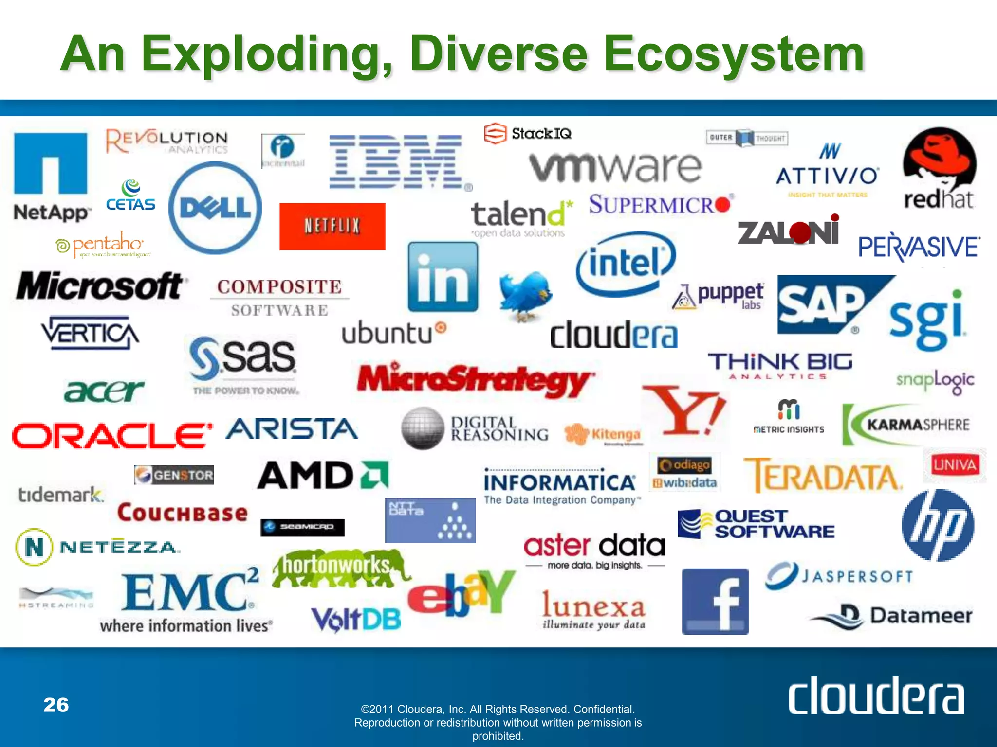 An Exploding, Diverse Ecosystem




26           ©2011 Cloudera, Inc. All Rights Reserved. Confidential.
            Reproduction or redistribution without written permission is
                                    prohibited.
 