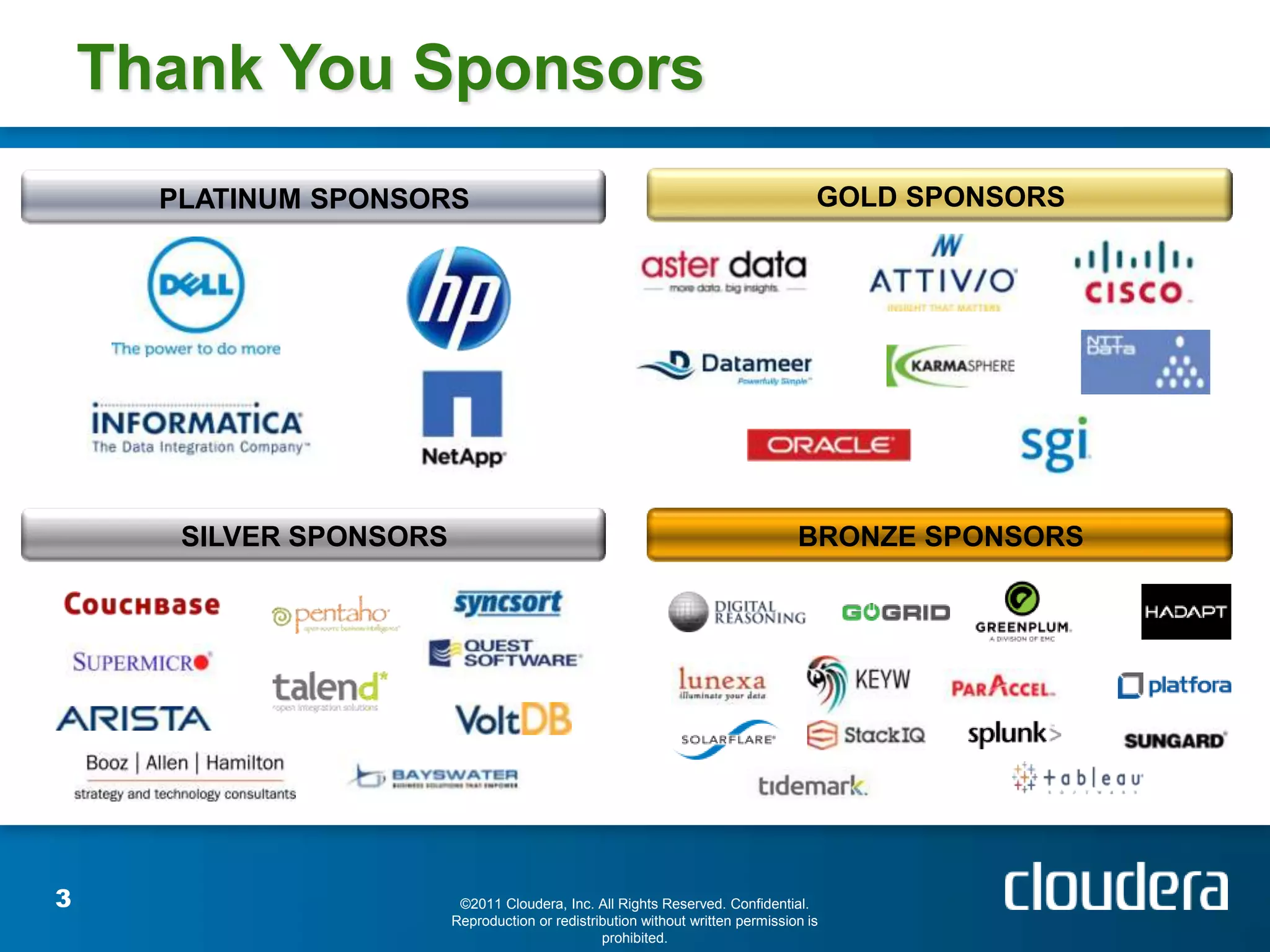 Thank You Sponsors
      PLATINUM SPONSORS                                                             GOLD SPONSORS




       SILVER SPONSORS                                                           BRONZE SPONSORS




3                         ©2011 Cloudera, Inc. All Rights Reserved. Confidential.
                         Reproduction or redistribution without written permission is
                                                 prohibited.
 