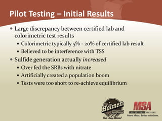 Pilot Testing – Initial Results
 Large discrepancy between certified lab and
colorimetric test results
 Colorimetric typically 5% - 20% of certified lab result
 Believed to be interference with TSS
 Sulfide generation actually increased
 Over fed the SRBs with nitrate
 Artificially created a population boom
 Tests were too short to re-achieve equilibrium
 