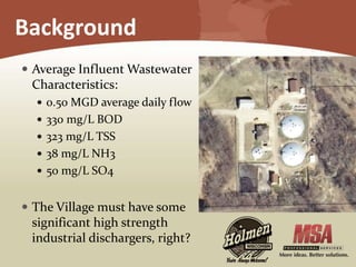 Background
 Average Influent Wastewater
Characteristics:
 0.50 MGD average daily flow
 330 mg/L BOD
 323 mg/L TSS
 38 mg/L NH3
 50 mg/L SO4
 The Village must have some
significant high strength
industrial dischargers, right?
 
