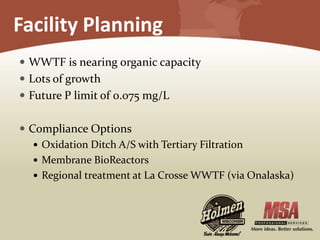 Facility Planning
 WWTF is nearing organic capacity
 Lots of growth
 Future P limit of 0.075 mg/L
 Compliance Options
 Oxidation Ditch A/S with Tertiary Filtration
 Membrane BioReactors
 Regional treatment at La Crosse WWTF (via Onalaska)
 