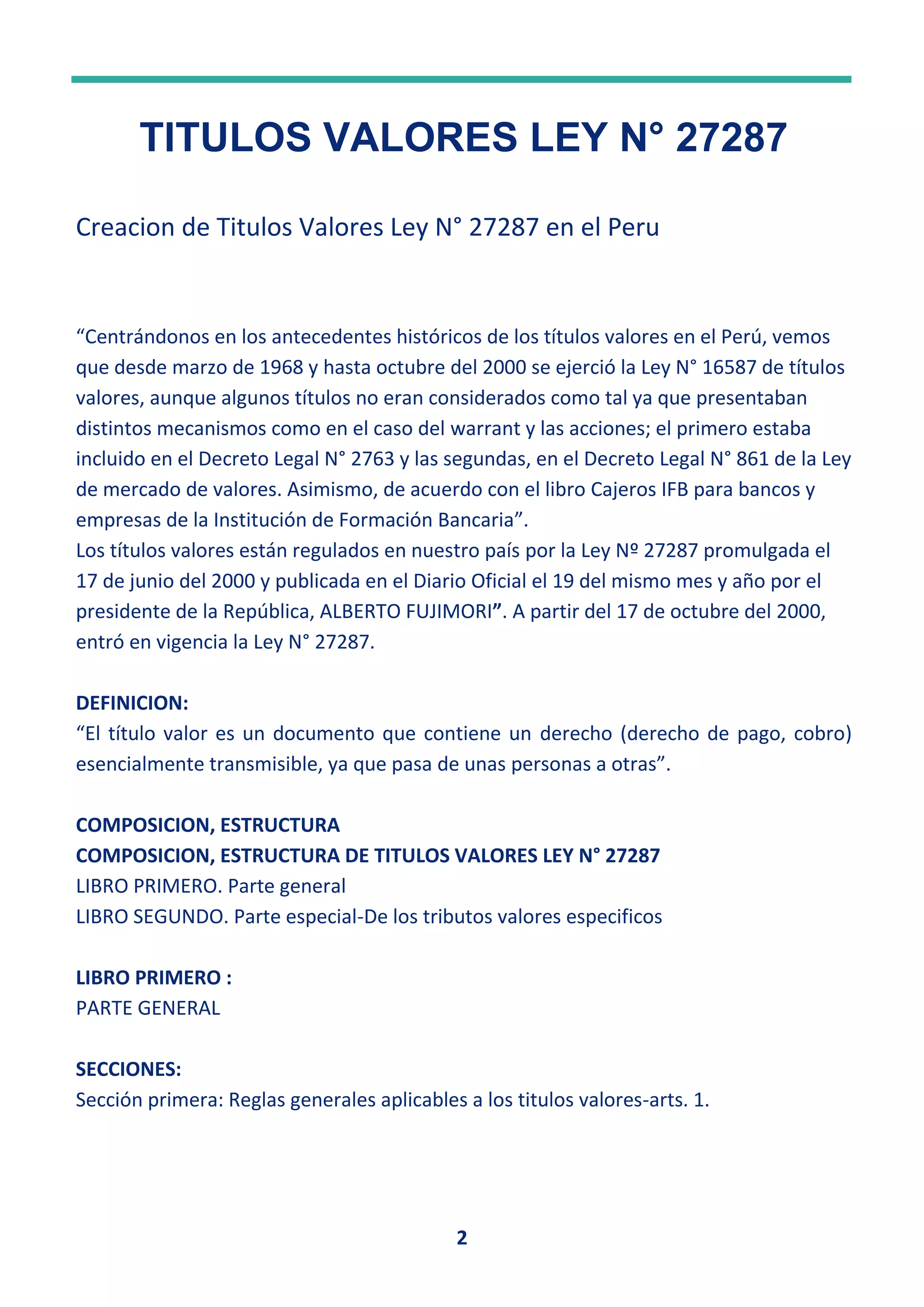 INFORME TITULOS VALORES LEY N° 27287-II | PDF | Home Financing ...