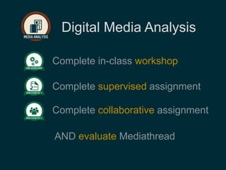 Digital Media Analysis 
Complete in-class workshop 
Complete supervised assignment 
Complete collaborative assignment 
AND evaluate Mediathread 
 
