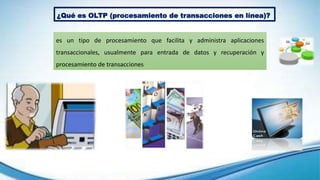 ¿Qué es OLTP (procesamiento de transacciones en línea)?
es un tipo de procesamiento que facilita y administra aplicaciones
transaccionales, usualmente para entrada de datos y recuperación y
procesamiento de transacciones
 