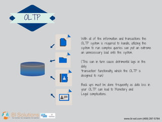 www.bi-sol.com (469) 287-5784 
OLTP 
With all of the information and transactions the 
OLTP system is required to handle, utilizing the 
system to run complex queries can put an extreme 
an unnecessary load onto the system. 
(This can in turn cause detrimental lags in the 
daily 
'transaction' functionality, which the OLTP is 
designed to run) 
Back ups must be done frequently as data loss in 
your OLTP can lead to Monetary and 
Legal complications. 
 