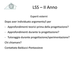 LSS – II Anno
Esperti esterni
Dopo aver individuato argomento/i per
- Approfondimenti teorici prima della progettazione?
- Approfondimenti durante la progettazione?
- Tutoraggio durante progettazione/sperimentazione?
Chi chiamare?
Contattato Balducci-Pontassieve
 