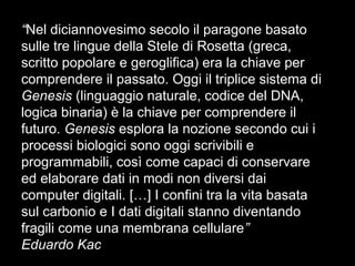 “Nel diciannovesimo secolo il paragone basato
sulle tre lingue della Stele di Rosetta (greca,
scritto popolare e geroglifica) era la chiave per
comprendere il passato. Oggi il triplice sistema di
Genesis (linguaggio naturale, codice del DNA,
logica binaria) è la chiave per comprendere il
futuro. Genesis esplora la nozione secondo cui i
processi biologici sono oggi scrivibili e
programmabili, così come capaci di conservare
ed elaborare dati in modi non diversi dai
computer digitali. […] I confini tra la vita basata
sul carbonio e I dati digitali stanno diventando
fragili come una membrana cellulare”
Eduardo Kac
 