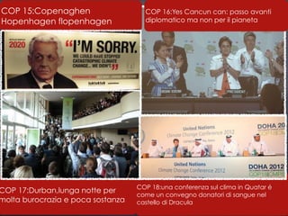 COP 15:Copenaghen
Hopenhagen flopenhagen
COP 16:Yes Cancun can: passo avanti
diplomatico ma non per il pianeta
COP 17:Durb...