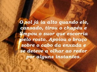 O sol já ia alto quando ele,
cansado, tirou o chapéu e
limpou o suor que escorria
pelo rosto. Apoiou o braço
sobre o cabo da enxada e
se deteve a olhar ao redor
por alguns instantes.
 