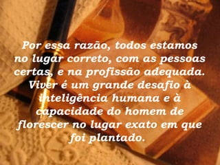 Por essa razão, todos estamos no lugar correto, com as pessoas certas, e na profissão adequada. Viver é um grande desafio à inteligência humana e à capacidade do homem de florescer no lugar exato em que foi plantado.  