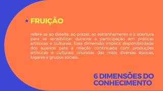 6 DIMENSÕES DO
CONHECIMENTO
FRUIÇÃO
refere-se ao deleite, ao prazer, ao estranhamento e à abertura
para se sensibilizar durante a participação em práticas
artísticas e culturais. Essa dimensão implica disponibilidade
dos sujeitos para a relação continuada com produções
artísticas e culturais oriundas das mais diversas épocas,
lugares e grupos sociais.
 
