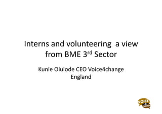 Interns	
  and	
  volunteering	
  	
  a	
  view	
  
from	
  BME	
  3rd	
  Sector	
  
Kunle	
  Olulode	
  CEO	
  Voice4change	
  
England	
  
 