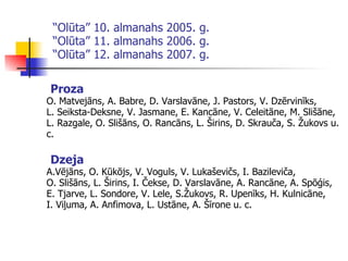 “ Olūta” 10. almanahs 2005. g. “Olūta” 11. almanahs 2006. g. “Olūta” 12. almanahs 2007. g. Proza O. Matvejāns, A. Babre, D. Varslavāne, J. Pastors, V. Dzērvinīks,  L. Seiksta-Deksne, V. Jasmane, E. Kancāne, V. Celeitāne, M. Slišāne, L. Razgale, O. Slišāns, O. Rancāns, L. Širins, D. Skrauča, S. Žukovs u. c. Dzeja A.Vējāns, O. Kūkōjs, V. Voguls, V. Lukaševičs, I. Bazileviča,  O. Slišāns, L. Širins, I. Čekse, D. Varslavāne, A. Rancāne, A. Spōģis, E. Tjarve, L. Sondore, V. Lele, S.Žukovs, R. Upenīks, H. Kulnicāne,  I. Viļuma, A. Anfimova, L. Ustāne, A. Šīrone u. c. 
