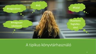 A tipikus könyvtárhasználó
#fiatal
#magasan
iskolázott
#nő
#szellemi
foglalko-
zású
#nagyvárosi
27
 