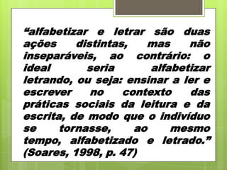“alfabetizar e letrar são duas
ações
distintas,
mas
não
inseparáveis, ao contrário: o
ideal
seria
alfabetizar
letrando, ou seja: ensinar a ler e
escrever
no
contexto
das
práticas sociais da leitura e da
escrita, de modo que o indivíduo
se
tornasse,
ao
mesmo
tempo, alfabetizado e letrado.”
(Soares, 1998, p. 47)

 