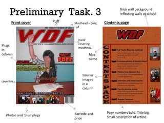 Preliminary Task. 3
Front cover

Plugs
In
column

coverline

Photos and ‘plus’ plugs

Puff

Masthead – bold,
red

Brick wall background
reflecting walls at school

Contents page

Hand
covering
masthead

Mag
name

Smaller
images
in a
column

Barcode and
price

Page numbers bold. Title big.
Small description of article.

 