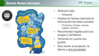 Retail: Redes Sociales
• Walmart-Labs
– Shopycat
• Analiza en tiempo real toda la
información de redes sociales
– Productos, tiendas, marcas,
lugares, eventos…
• Recomienda regalos para tus
amigos y familiares
• Teniendo en cuenta sus
gustos
• Sino tienen el producto, te
deriva a otro proveedor
 