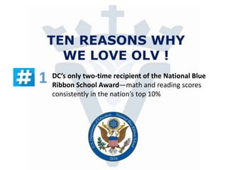 TEN REASONS WHY
WE LOVE OLV !
DC’s only two-time recipient of the National Blue
Ribbon School Award—math and reading scores
consistently in the nation’s top 10%
1
 