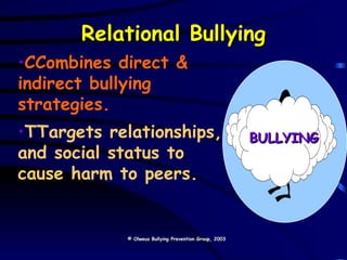 Relational Bullying CCombines direct & indirect bullying strategies. TTargets relationships, and social status to cause harm to peers. BULLYING © Olweus Bullying Prevention Group, 2003 