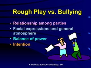 Rough Play vs. Bullying Relationship among parties Facial expressions and general atmosphere Balance of power Intention © The Olweus Bullying Prevention Group, 2001 