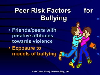 Peer Risk Factors  for Bullying Friends/peers with positive attitudes towards violence Exposure to models of bullying © The Olweus Bullying Prevention Group, 2001 