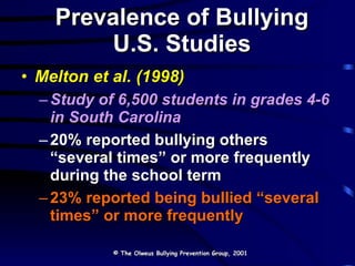 Prevalence of Bullying U.S. Studies Melton et al. (1998) Study of 6,500 students in grades 4-6 in South Carolina 20% reported bullying others “several times” or more frequently during the school term 23% reported being bullied “several times” or more frequently © The Olweus Bullying Prevention Group, 2001 