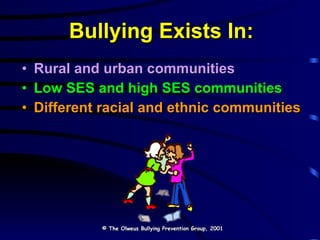 Bullying Exists In: Rural and urban communities Low SES and high SES communities Different racial and ethnic communities © The Olweus Bullying Prevention Group, 2001 