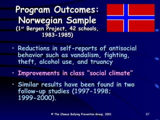 Program Outcomes: Norwegian Sample (1 st  Bergen Project, 42 schools, 1983-1985) Reductions in self-reports of antisocial behavior such as vandalism, fighting, theft, alcohol use, and truancy Improvements in class “social climate” Similar results have been found in two follow-up studies (1997-1998; 1999-2000). © The Olweus Bullying Prevention Group, 2001 67 