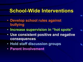 School-Wide Interventions Develop school rules against bullying Increase supervision in “hot spots” Use consistent positive and negative consequences Hold staff discussion groups Parent Involvement 