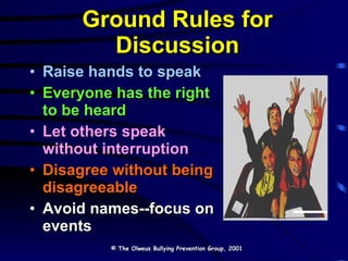 Ground Rules for Discussion Raise hands to speak Everyone has the right  to be heard Let others speak without interruption Disagree without being disagreeable Avoid names--focus on events © The Olweus Bullying Prevention Group, 2001 