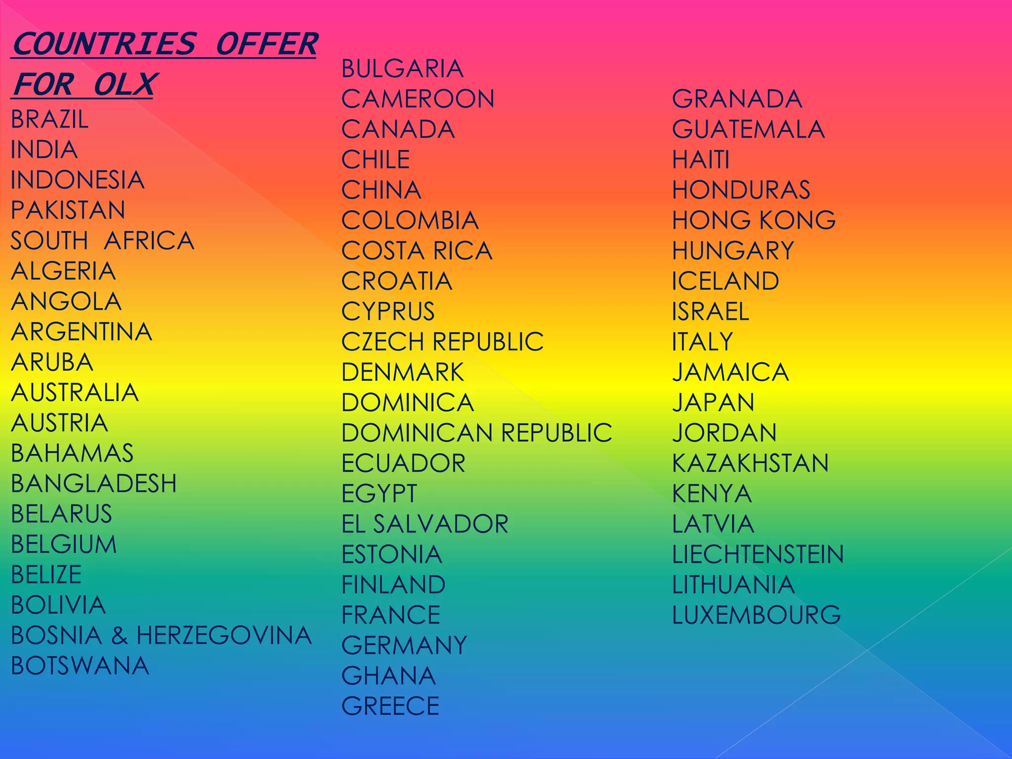 COUNTRIES OFFER
FOR OLX
BRAZIL
INDIA
INDONESIA
PAKISTAN
SOUTH AFRICA
ALGERIA
ANGOLA
ARGENTINA
ARUBA
AUSTRALIA
AUSTRIA
BAHAMAS
BANGLADESH
BELARUS
BELGIUM
BELIZE
BOLIVIA
BOSNIA & HERZEGOVINA
BOTSWANA
BULGARIA
CAMEROON
CANADA
CHILE
CHINA
COLOMBIA
COSTA RICA
CROATIA
CYPRUS
CZECH REPUBLIC
DENMARK
DOMINICA
DOMINICAN REPUBLIC
ECUADOR
EGYPT
EL SALVADOR
ESTONIA
FINLAND
FRANCE
GERMANY
GHANA
GREECE
GRANADA
GUATEMALA
HAITI
HONDURAS
HONG KONG
HUNGARY
ICELAND
ISRAEL
ITALY
JAMAICA
JAPAN
JORDAN
KAZAKHSTAN
KENYA
LATVIA
LIECHTENSTEIN
LITHUANIA
LUXEMBOURG
 