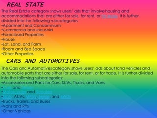 The Real Estate category shows users’ ads that involve housing and
accommodations that are either for sale, for rent, or for lease. It is further
divided into the following subcategories:
•Apartment and Condominium
•Commercial and Industrial
•Foreclosed Properties
•House
•Lot, Land, and Farm
•Room and Bed Space
•Other Properties
The Cars and Automotives category shows users’ ads about land vehicles and
automobile parts that are either for sale, for rent, or for trade. It is further divided
into the following subcategories:
•Accessories and Parts for Cars, SUVs, Trucks, and Vans
•Cars and Sedan
•Motorcycles and Scooters
•SUVs, AUVs, MPVs, Jeeps, and 4WDs
•Trucks, Trailers, and Buses
•Vans and RVs
•Other Vehicles
 