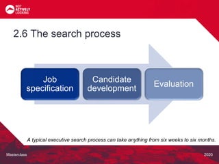 Masterclass 2020
2.6 The search process
A typical executive search process can take anything from six weeks to six months.
Job
specification
Candidate
development
Evaluation
 
