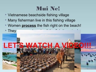 Mui Ne!
 Vietnamese beachside fishing village
 Many fisherman live in this fishing village
 Women process the fish right on the beach!
 They even cook and sell the fish there too!
3/30/14
LET’S WATCH A VIDEO!!!
 