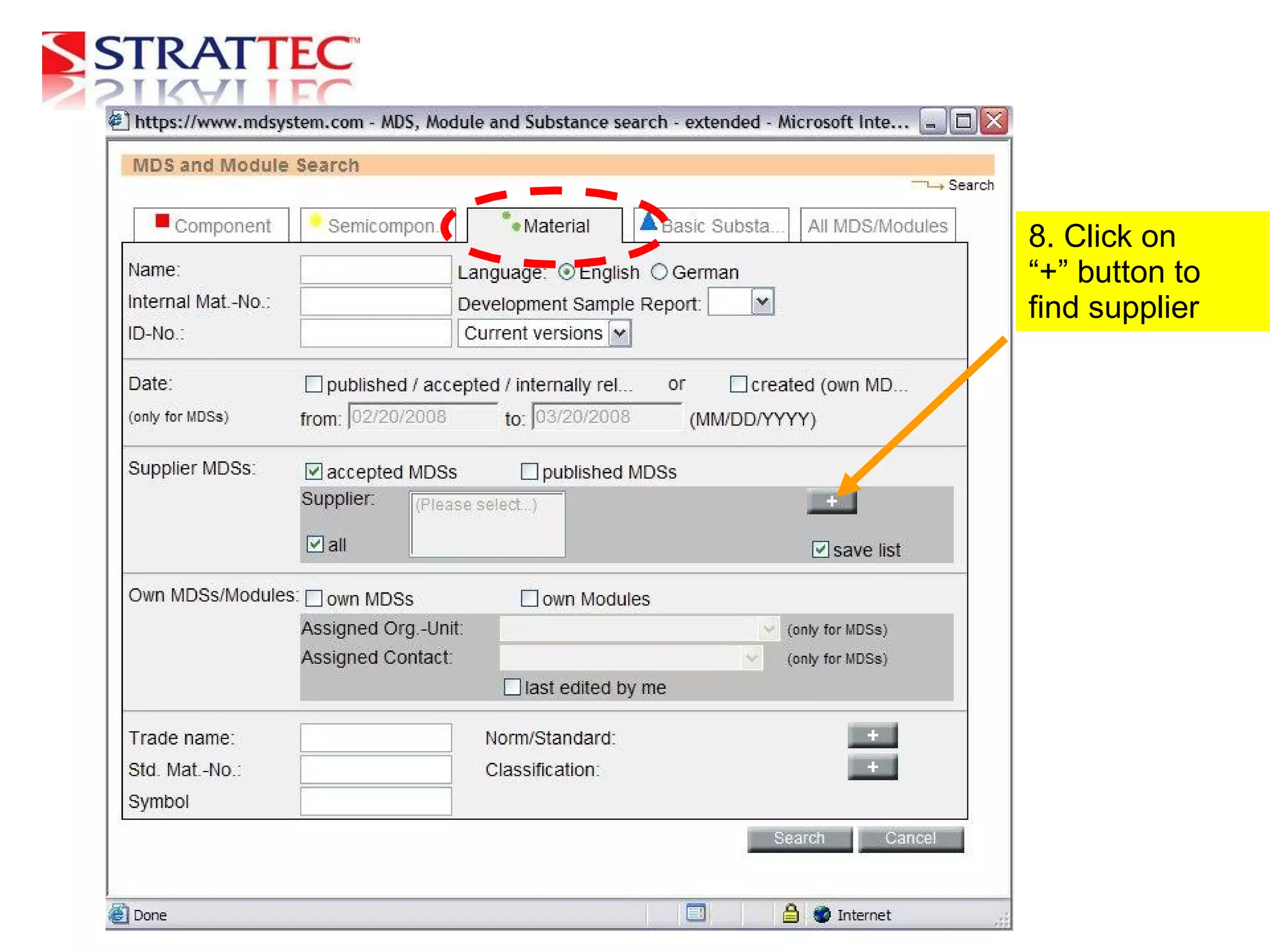 8. Click on “+” button to find supplier
