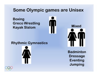 Some Olympic games are Unisex
Boxing
Greco Wrestling
Kayak Slalom            Mixed



Rhythmic Gymnastics

                      Badminton
                      Dressage
                       Eventing
                       Jumping
 